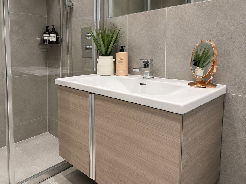 Modern bathroom with vanity sink, mirror, shower enclosure and potted plants