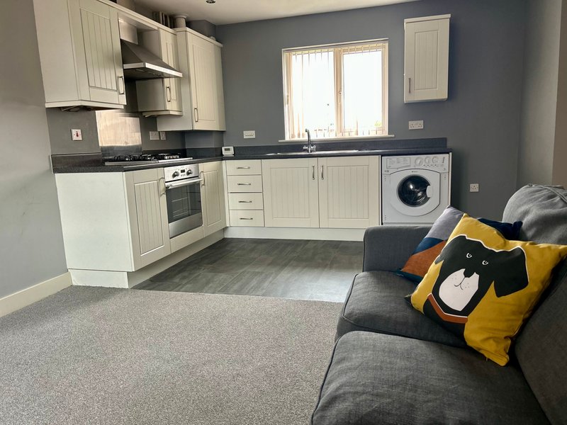 Open-plan kitchen and living area with integrated appliances & sofa.
