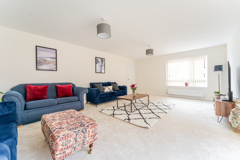 Spacious living room with blue sofas, patterned ottoman, geometric rug and wall art