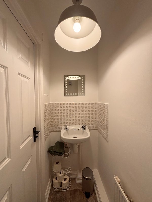 Small bathroom with wall-mounted sink, toilet, decorative mirror and pendant light