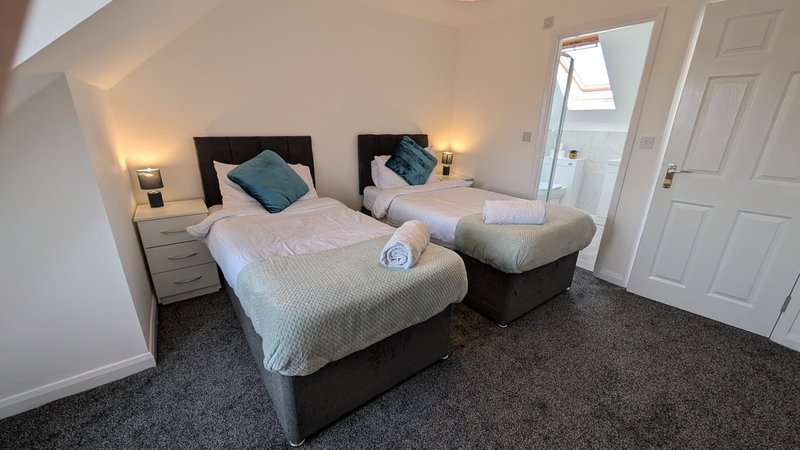 Twin bedroom with two single beds, bedside lamps, dark headboard and grey carpet flooring