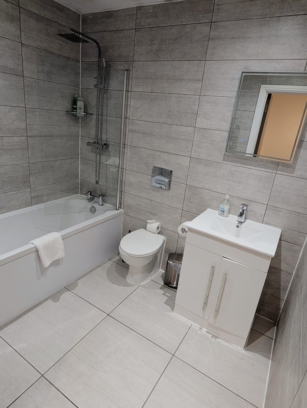 Modern bathroom with bathtub, shower enclosure, toilet, white vanity sink and mirror
