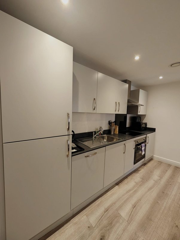 Modern kitchen with white cabinetry, black countertop, integrated appliances and wooden flooring