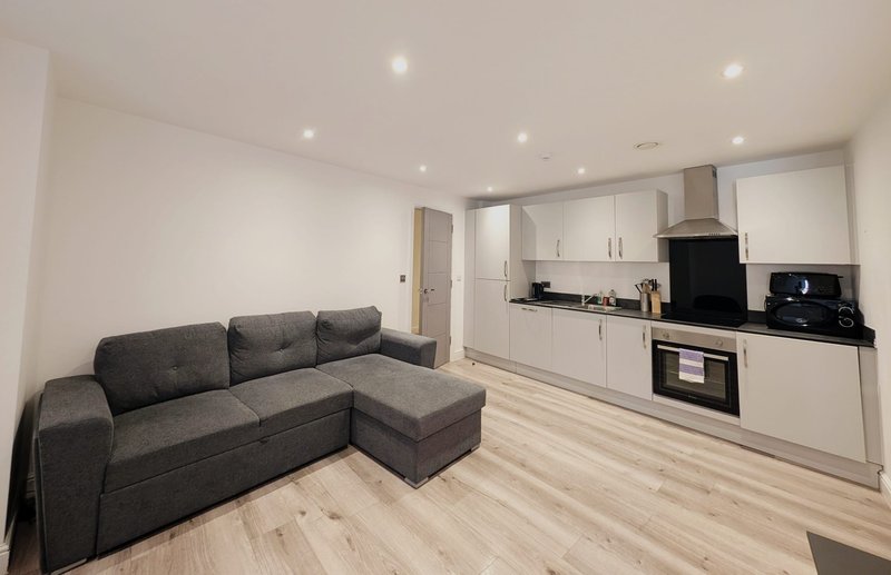 Open-plan living space with dark grey corner sofa, wooden flooring and modern kitchen with white cabinetry