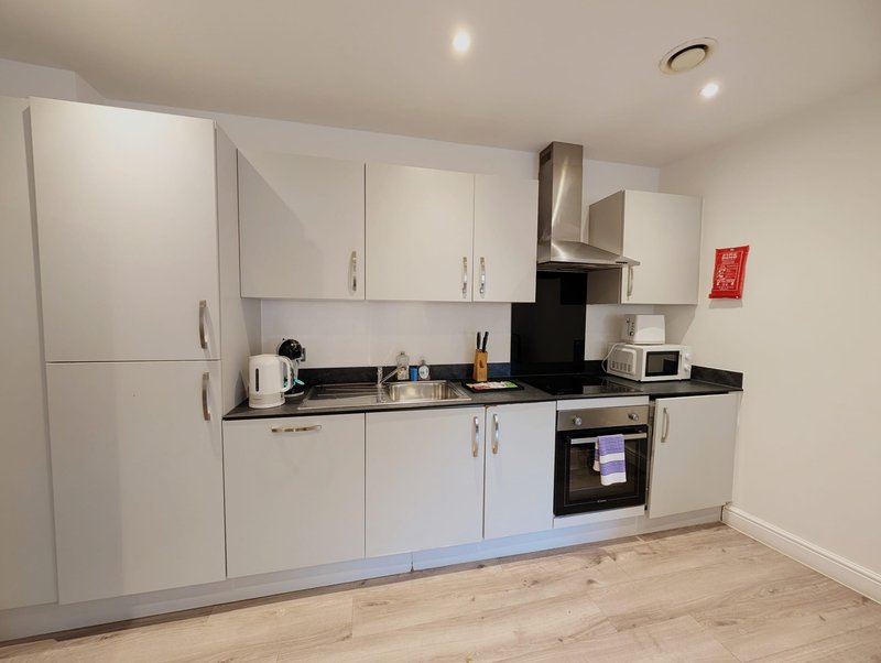 Modern kitchen with white cabinetry, black countertop, integrated appliances and wooden flooring