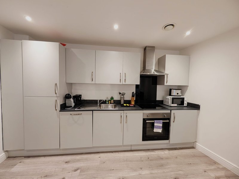 Modern white kitchen with black countertop, integrated appliances and wooden flooring