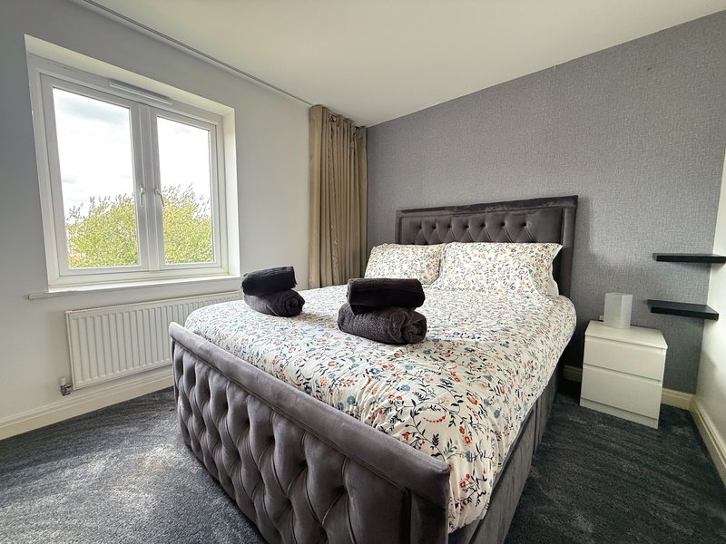 Modern bedroom with upholstered bed, patterned bedding, dark pillows, and large window