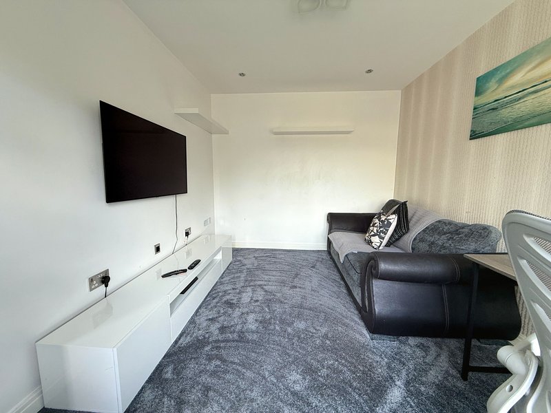 Modern living room with wall-mounted TV, black leather sofa, grey carpet and white storage unit