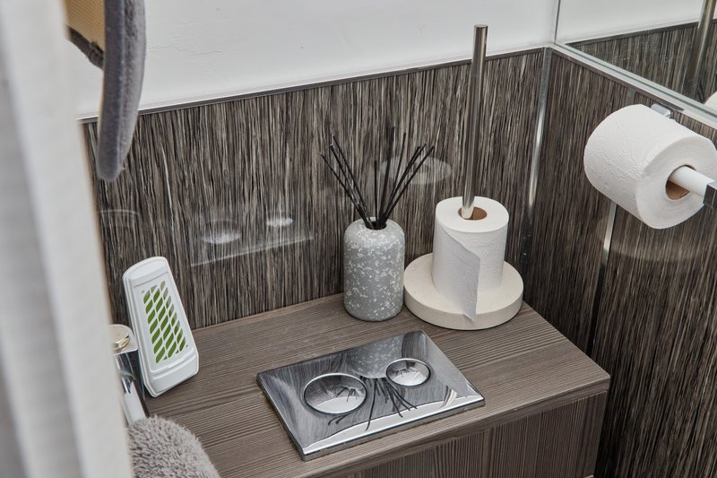 Bathroom counter with toilet paper holder, soap dispenser, decorative vase and accessories