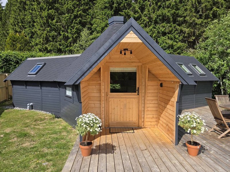 Modern wooden glamping cabin with black roof, wooden deck, potted flowers, and garden surroundings