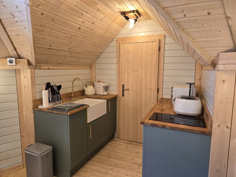 Compact kitchen area in wooden cabin with sink, stovetop, and storage cabinets