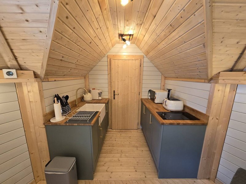Narrow galley kitchen in wooden cabin with dual sinks, wooden countertops and ceiling