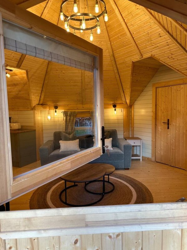 Modern wooden cabin interior with vaulted ceiling, pendant lighting, and seating area visible through large window