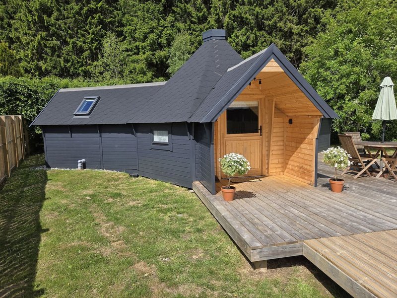 Modern garden cabin with black roof and wooden cladding, wooden deck and potted plants