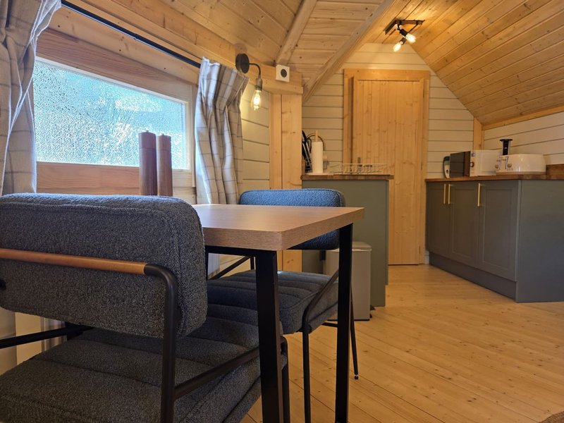 Wood-lined cabin interior with seating area, dining table, kitchenette and window view