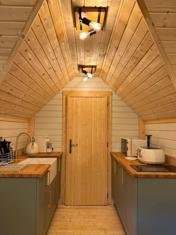 Narrow galley kitchen with wooden ceiling, dual sinks, wooden door, and overhead lighting