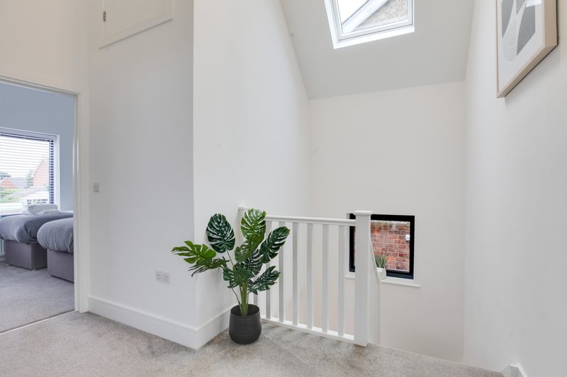 Bright hallway with staircase, potted plant, and skylight above white walls