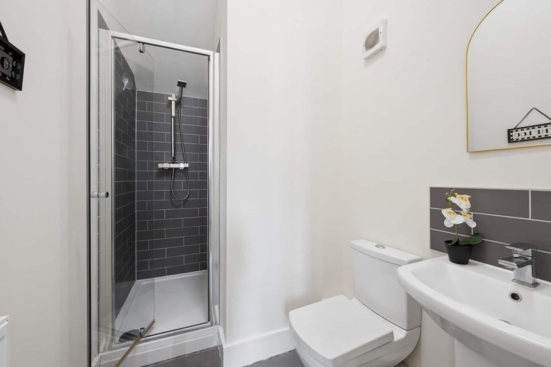 Modern bathroom with shower cubicle, white sink, toilet and dark tile accents