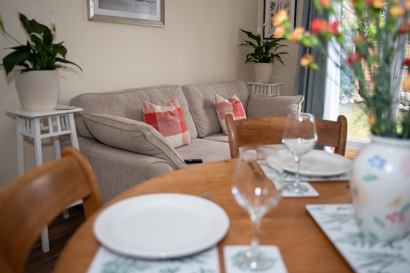 Open-plan living and dining area with grey sofa, wooden dining table, potted plants and bright window
