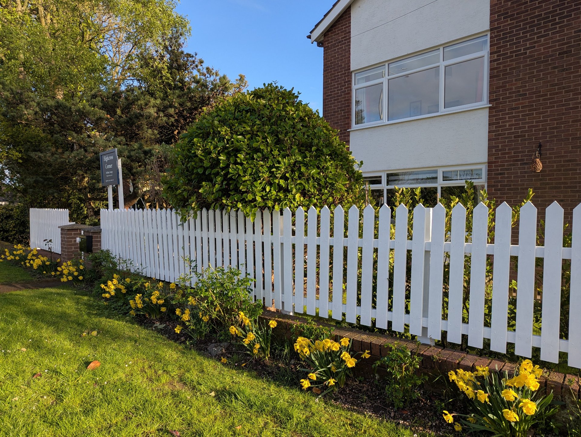 Brick house exterior with white picket fence, manicured garden and yellow flowering plants