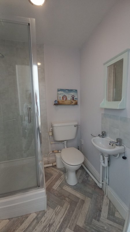 Small bathroom with toilet, sink, shower enclosure and herringbone floor tiles
