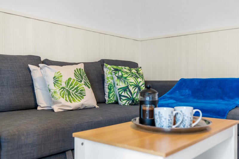Living room with gray sofa, decorative cushions, wooden coffee table and blue throw blanket