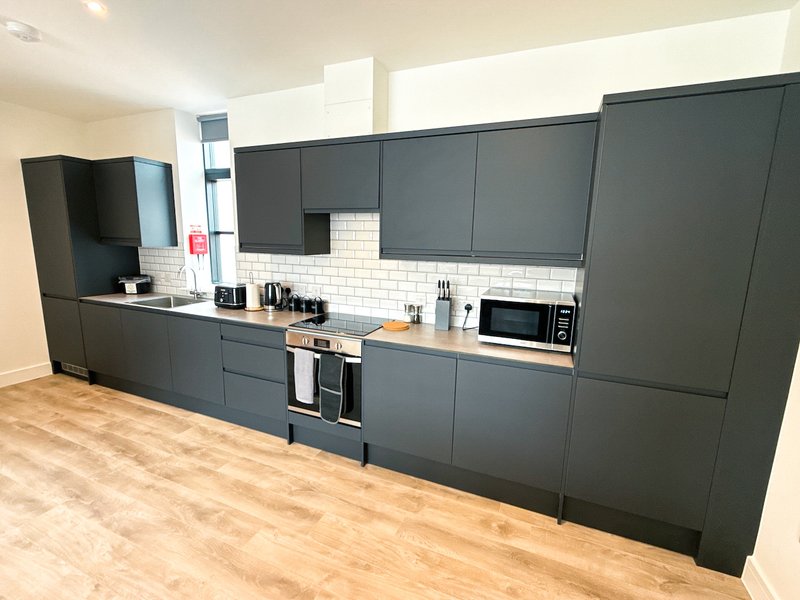 Modern kitchen with dark grey cabinetry, white subway tile splashback, wooden flooring and integrated appliances