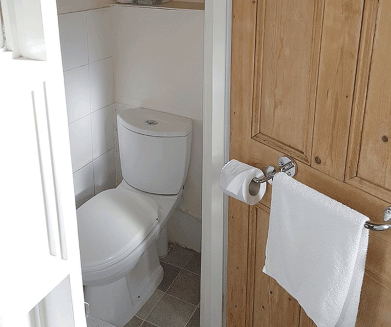 Compact bathroom with toilet, white tiles, towel rail and wooden door