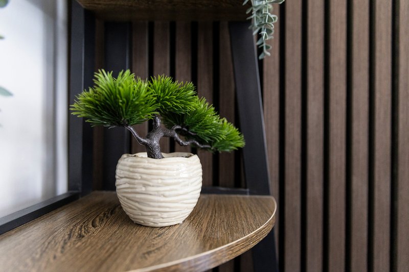 Decorative bonsai tree in white ceramic pot on wooden table indoors