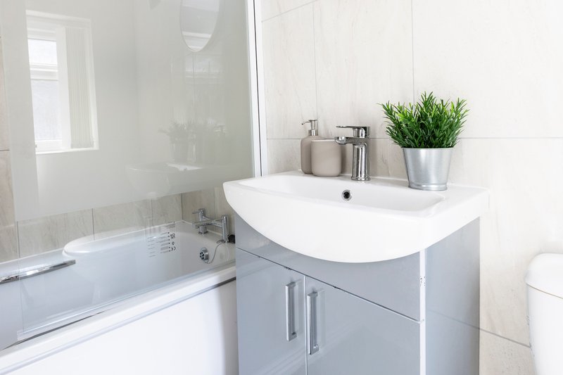 Modern bathroom with white vanity sink, bathtub with glass screen, and potted plant
