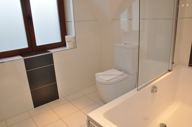 Modern bathroom with bathtub, toilet, shower enclosure and window