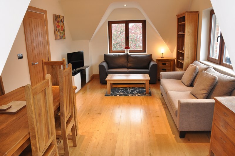 Open-plan living room with wooden furniture, sofa, armchair, dining table and arched windows