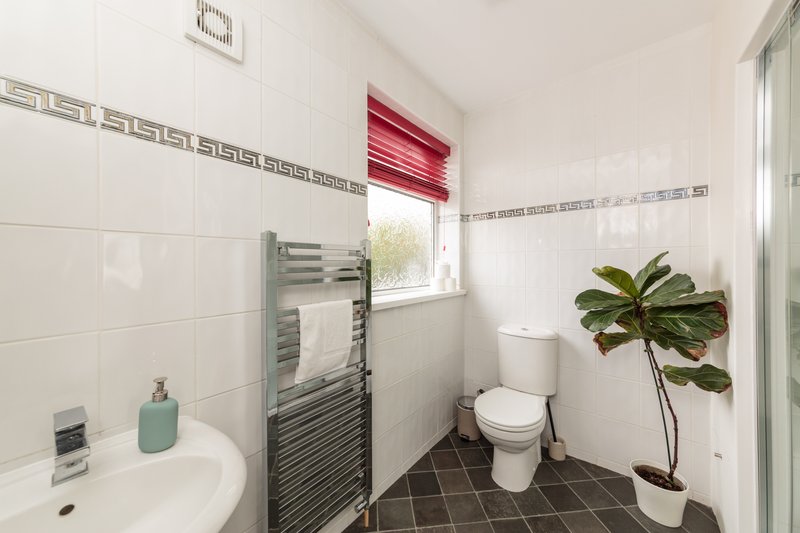 Modern bathroom with white tiles, heated towel rail, toilet, sink and potted plant