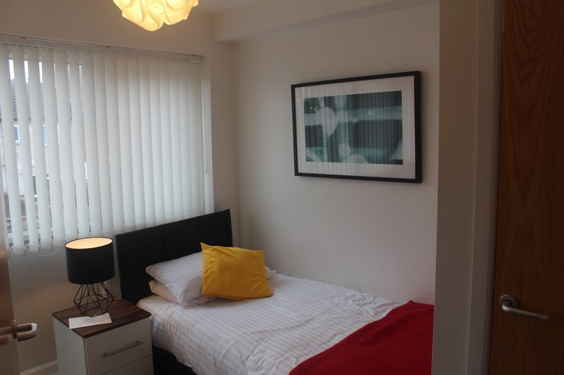 Bedroom with single bed, yellow cushion, bedside lamp, framed abstract artwork and vertical blinds.