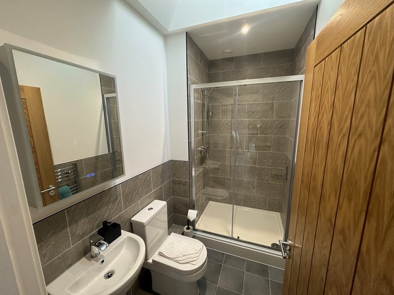 Modern bathroom with walk-in shower, white sink, toilet, and wooden cabinet