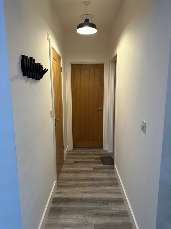 Narrow hallway with wooden door, pendant light, and vinyl plank flooring
