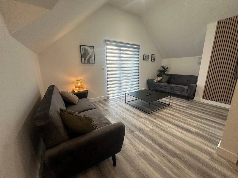 Modern living room with dark sofas, wooden flooring, table lamp and large window with blinds