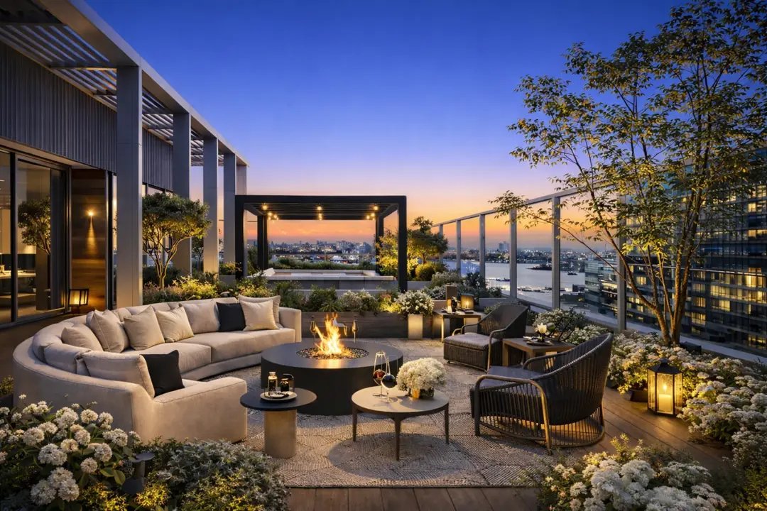 Luxury rooftop terrace with curved seating, fire pit, city skyline views at dusk