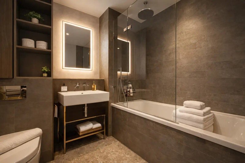 Modern bathroom with vanity sink, illuminated mirror, bathtub and shower enclosure