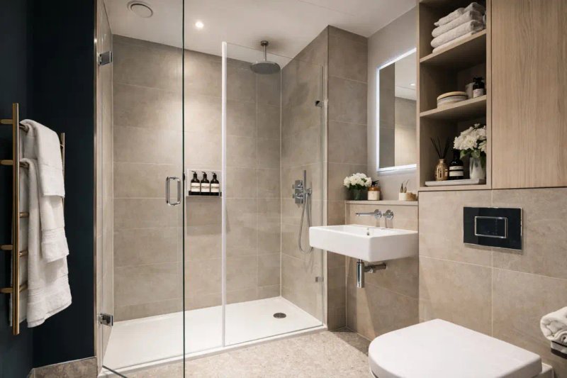 Modern bathroom with walk-in shower, floating sink, toilet, and wooden storage shelving
