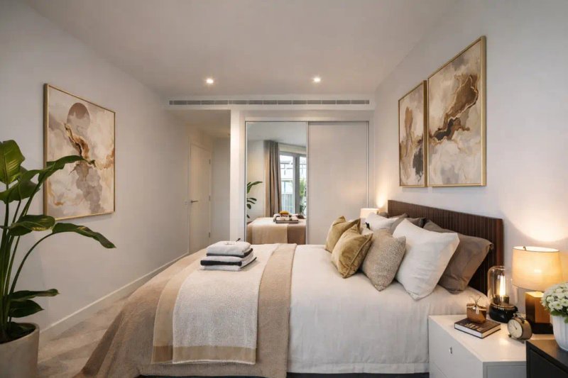 Modern bedroom with double bed, neutral bedding, framed wall art, and ensuite bathroom visible