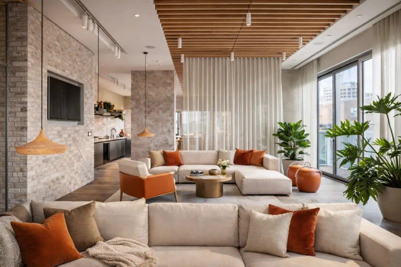 Modern living room with cream sofas, orange cushions, fireplace, wooden ceiling and potted plants