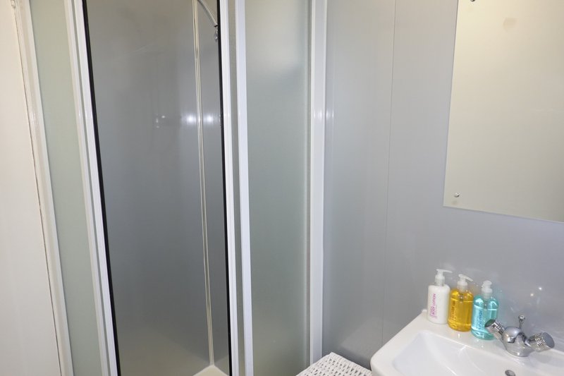 Modern bathroom with glass shower enclosure, white sink, and bathroom toiletries