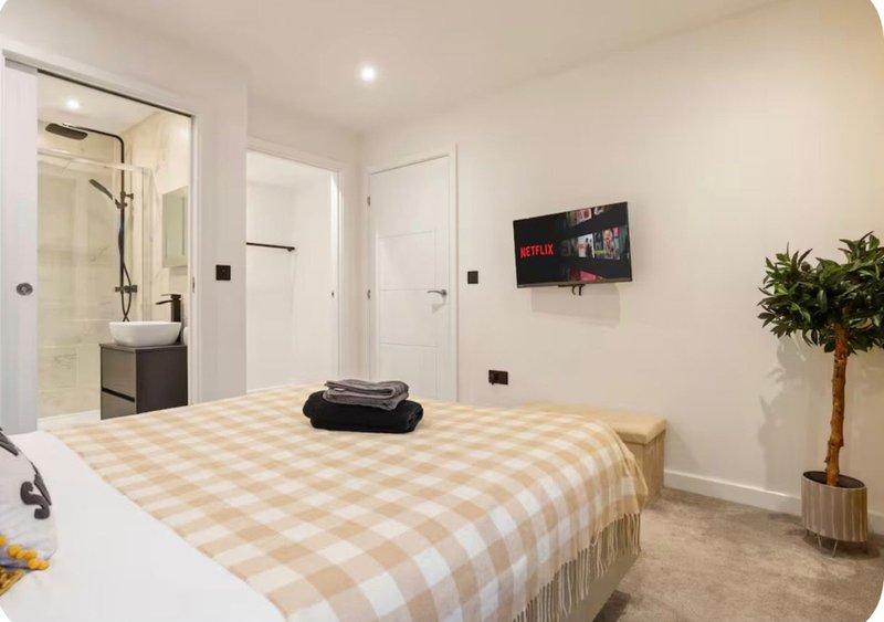 Bedroom with double bed, checkered bedding, wall-mounted TV, ensuite bathroom and potted plant
