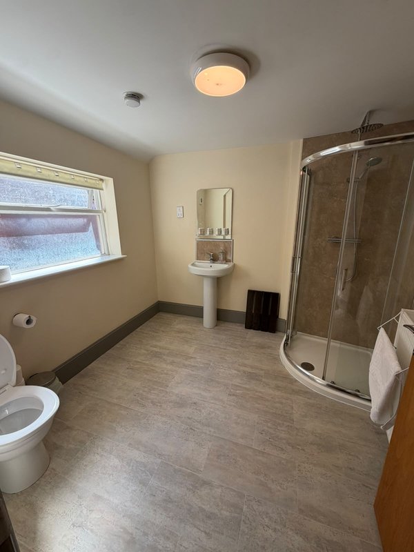 Spacious bathroom with toilet, pedestal sink, shower cubicle and window