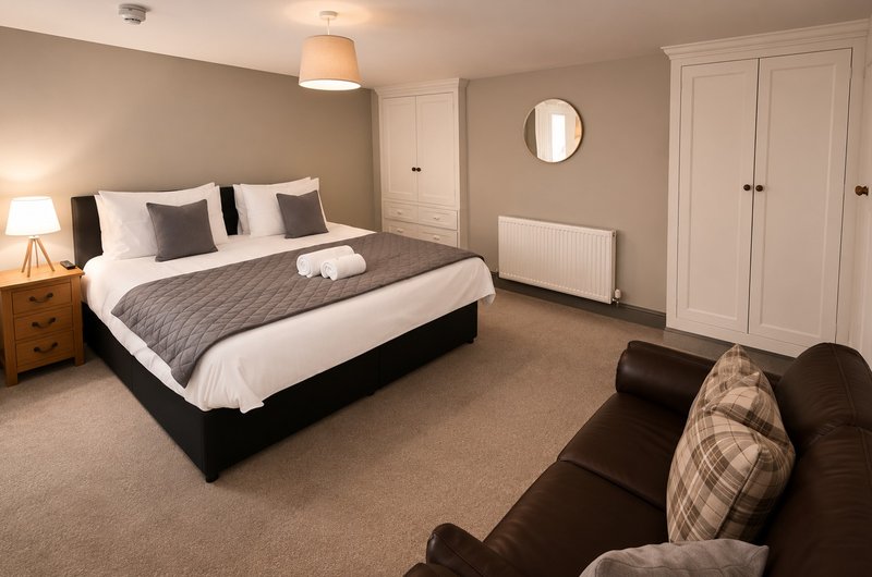 Spacious bedroom with double bed, brown sofa, wooden nightstand, and built-in wardrobe