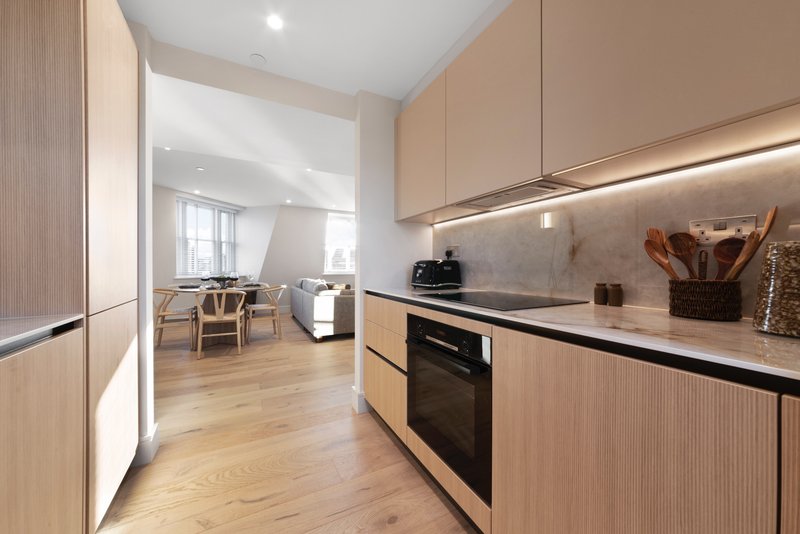 Modern galley kitchen with light wood cabinetry, built-in oven, and open-plan dining area beyond