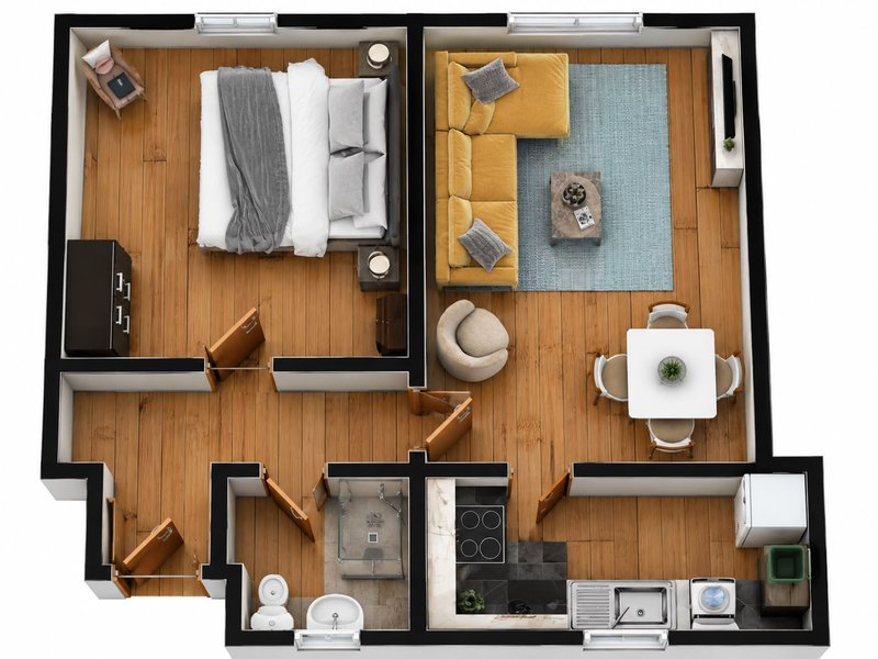 Overhead floor plan view of a one-bedroom apartment with wood flooring, showing bedroom, living area, kitchen and bathroom layout