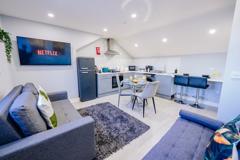 Open-plan studio with kitchenette, dining area, sofa, and wall-mounted TV displaying Netflix