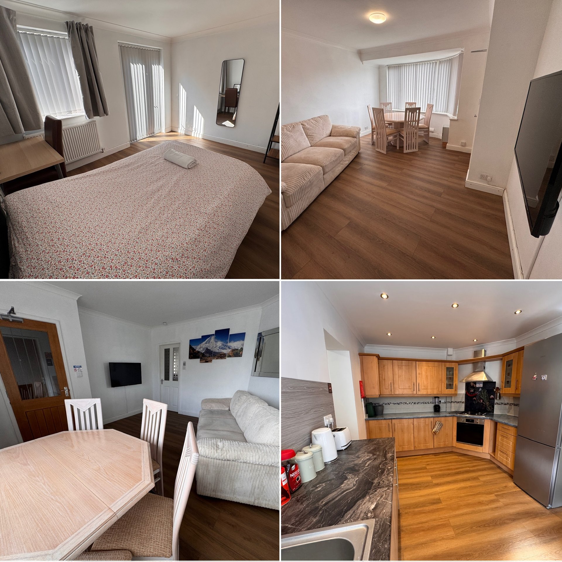 Four-panel collage showing bedroom, living room, dining area, and kitchen interior spaces